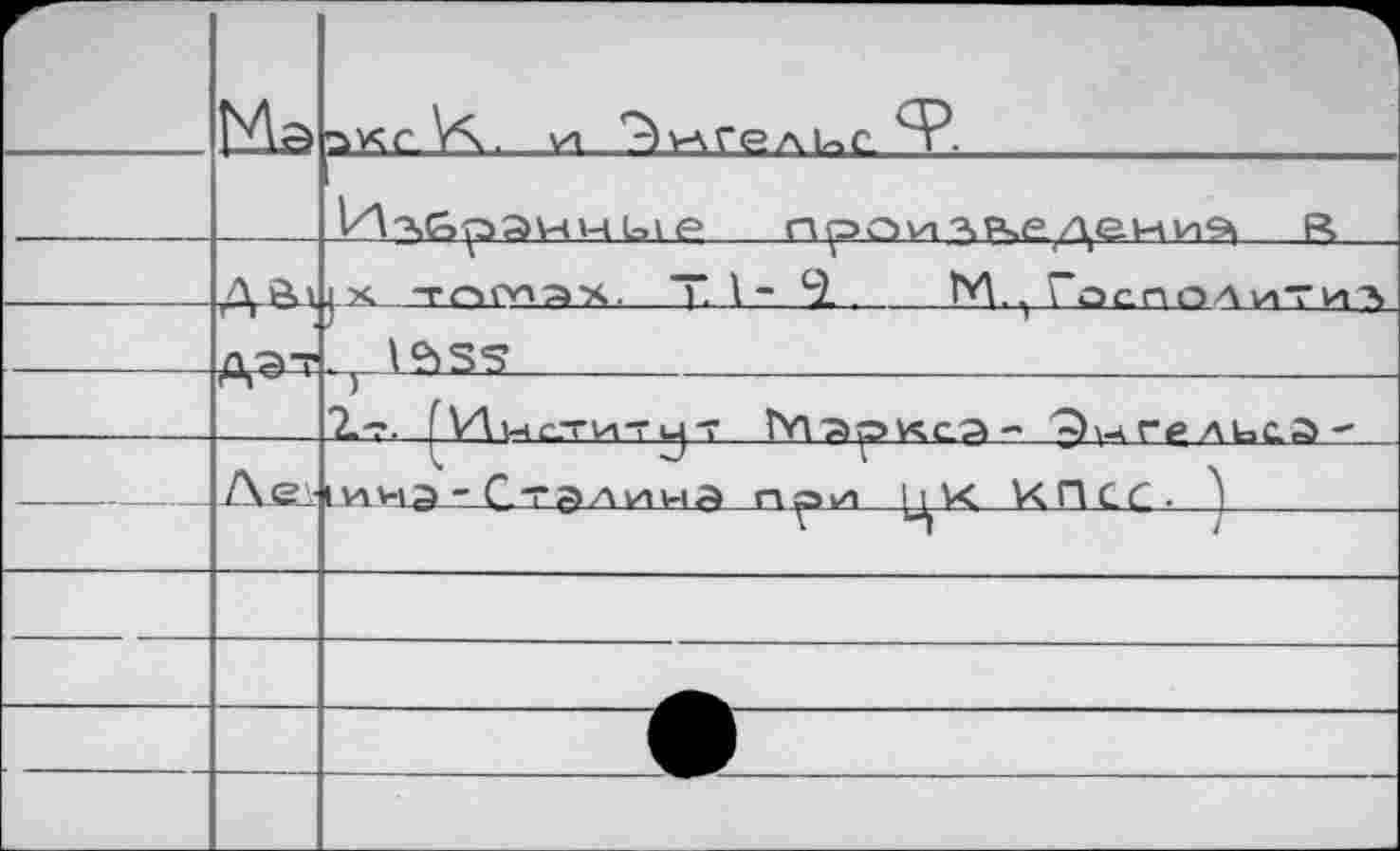 ﻿	Ma	Энгельс Ф.	 Ил&рянны? прои яРчЁ/^ениа R
	Л Л'	J X ТПОАДЧ. Т 1* 9..	И., 1 ОСПОЛиТИЛ
—	дат	Ааза			 2.-?. fyinc-TV-lTUT hn^pvic.a-' ^>-4 ГР АЬС-Л -
—	А^	<	V	X 1 н<э--С~галина п^эзд	цк КПСС-	j		
—				
		